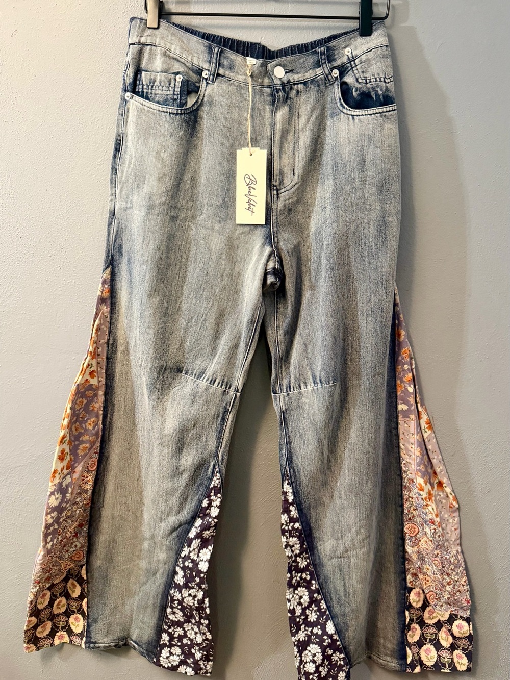 Boho Flare Denim Jeans with Floral Inset Panels - Blue by Blue Velvet